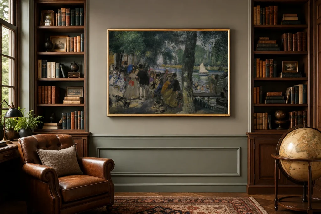 Framed print of La Grenouillere hanging on a wall in a furnished room