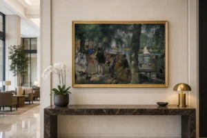 Framed print of La Grenouillere hanging on a wall in a furnished room