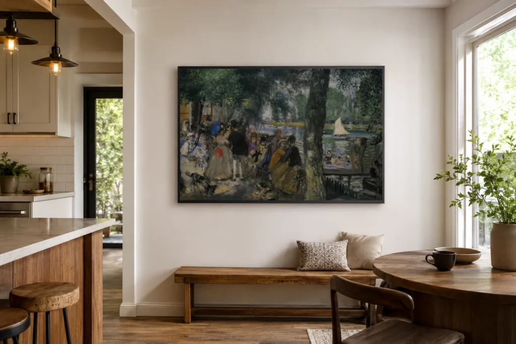 Framed print of La Grenouillere hanging on a wall in a furnished room