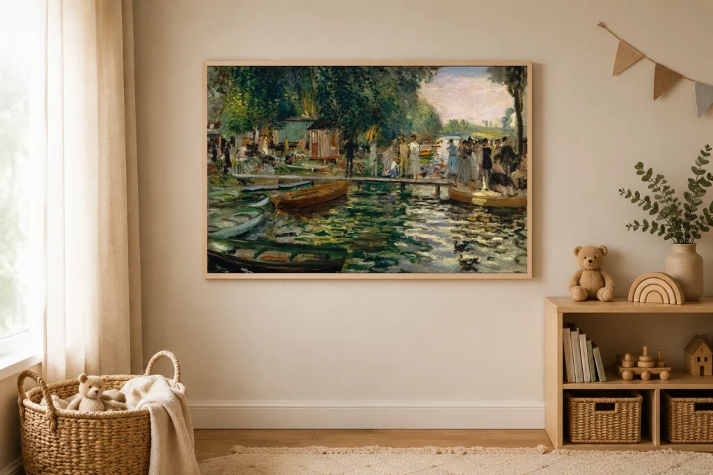 Framed print of La Grenouillère hanging on a wall in a furnished room
