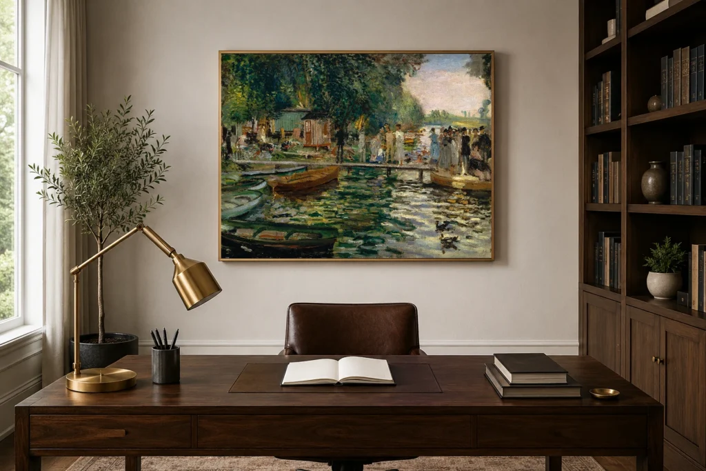 Framed print of La Grenouillère hanging on a wall in a furnished room