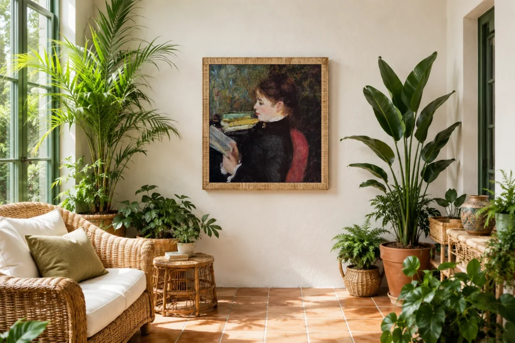 Framed print of The Reader hanging on a wall in a furnished room
