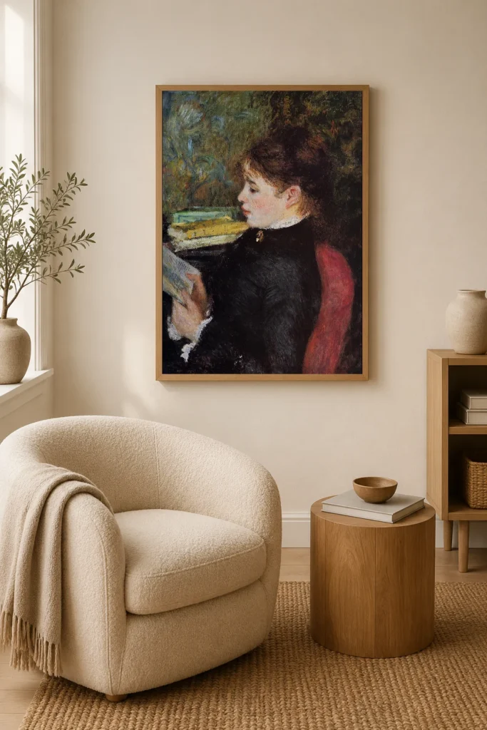 Framed print of The Reader hanging on a wall in a furnished room