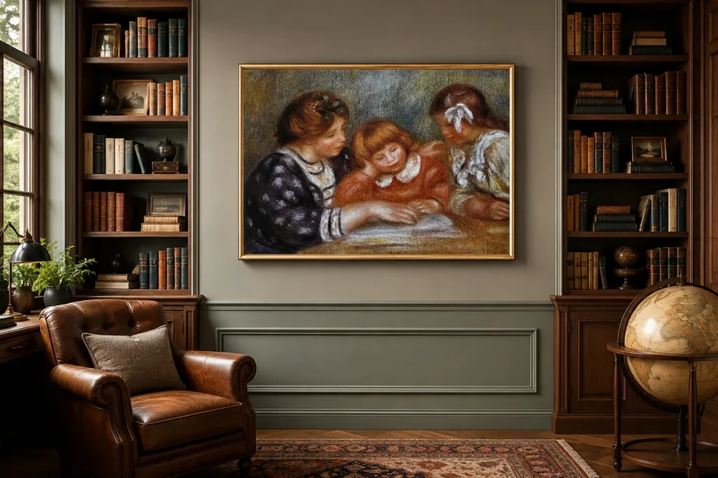 Framed print of The Lesson hanging on a wall in a furnished room