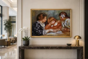 Framed print of The Lesson hanging on a wall in a furnished room