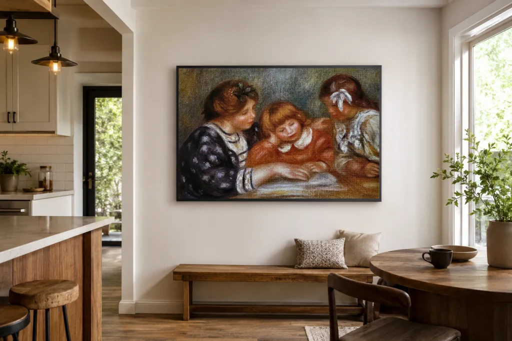 Framed print of The Lesson hanging on a wall in a furnished room