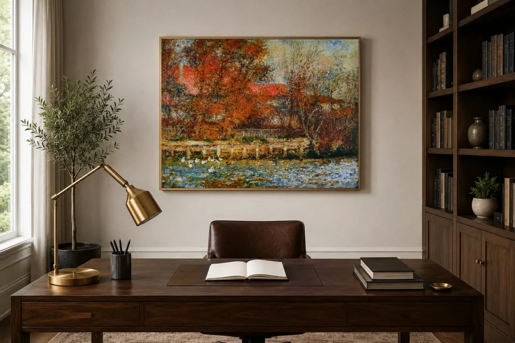 Framed print of The Duck Pond hanging on a wall in a furnished room