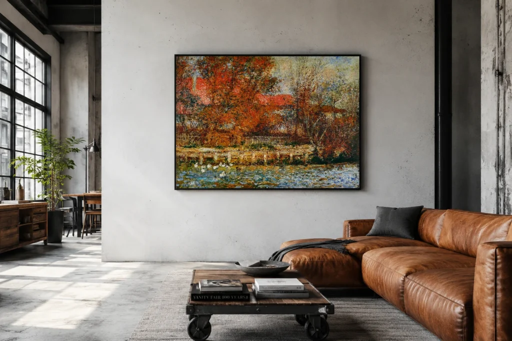 Framed print of The Duck Pond hanging on a wall in a furnished room