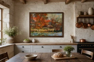 Framed print of The Duck Pond hanging on a wall in a furnished room