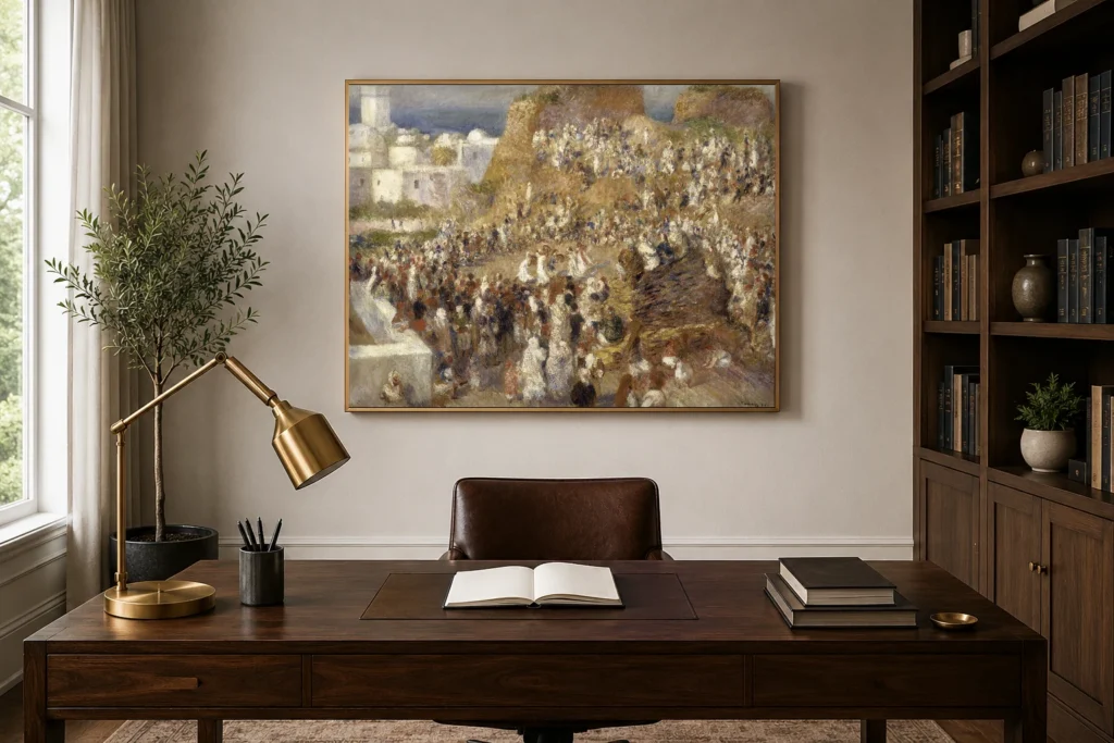 Framed print of La Mosquée hanging on a wall in a furnished room