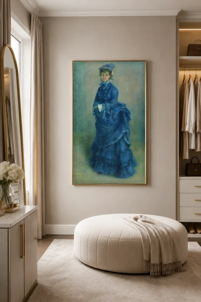 Framed print of La Parisienne hanging on a wall in a furnished room