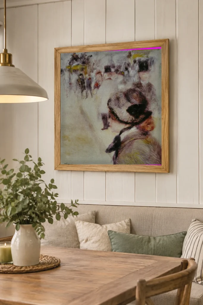 Framed print of La Place Clichy hanging on a wall in a furnished room