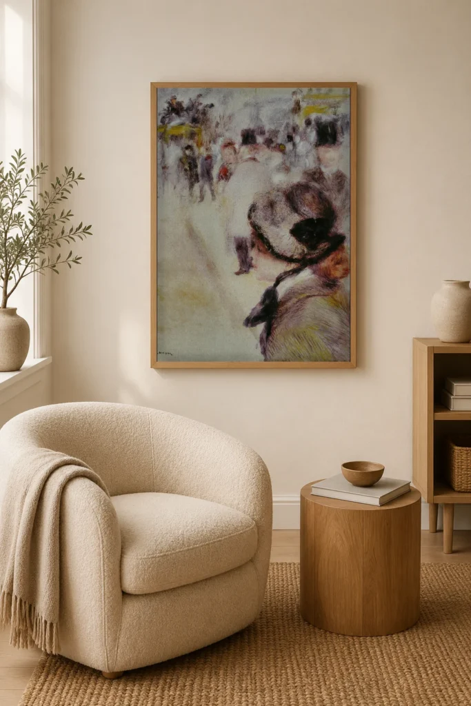 Framed print of La Place Clichy hanging on a wall in a furnished room