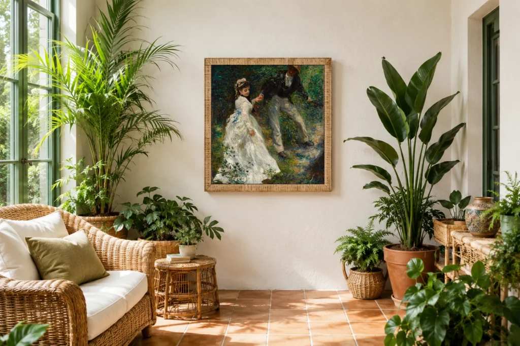 Framed print of La Promenade hanging on a wall in a furnished room