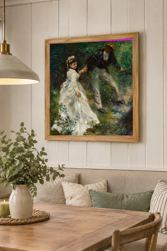 Framed print of La Promenade hanging on a wall in a furnished room