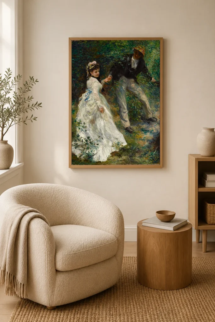 Framed print of La Promenade hanging on a wall in a furnished room