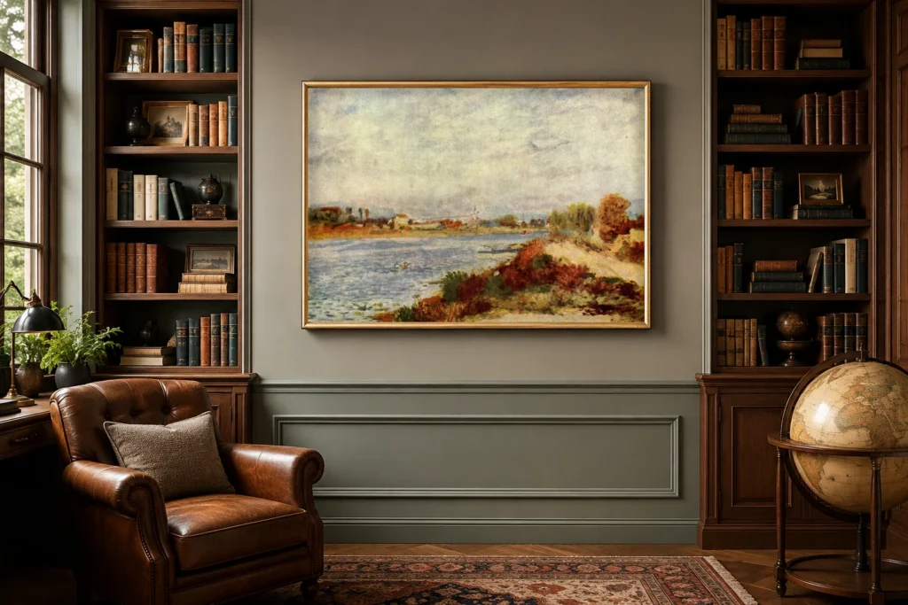 Framed print of La Seine à Argenteuil hanging on a wall in a furnished room