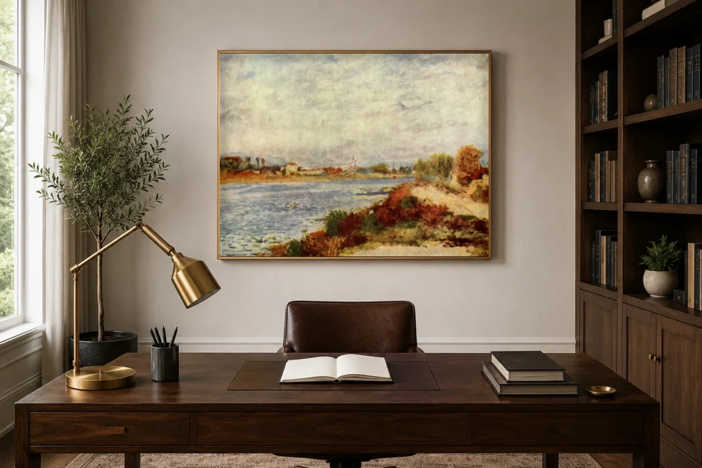 Framed print of La Seine à Argenteuil hanging on a wall in a furnished room