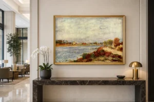 Framed print of La Seine à Argenteuil hanging on a wall in a furnished room