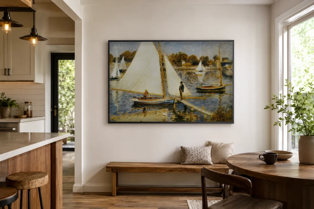Framed print of La Seine à Argenteuil (The Seine at Argenteuil) hanging on a wall in a furnished room