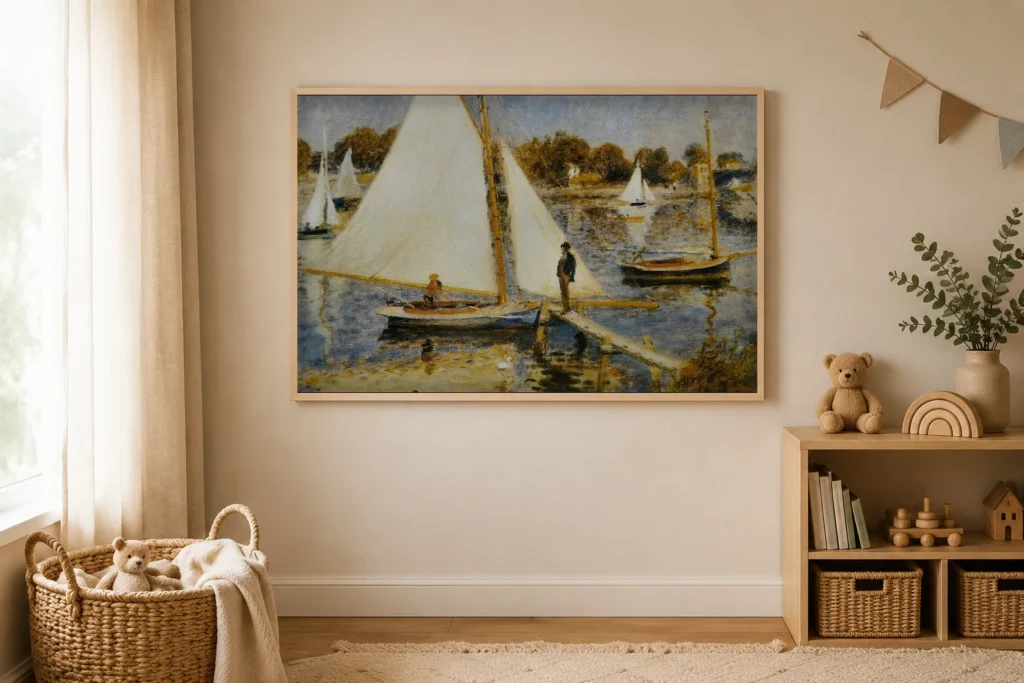 Framed print of La Seine à Argenteuil (The Seine at Argenteuil) hanging on a wall in a furnished room