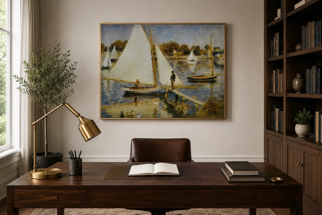Framed print of La Seine à Argenteuil (The Seine at Argenteuil) hanging on a wall in a furnished room