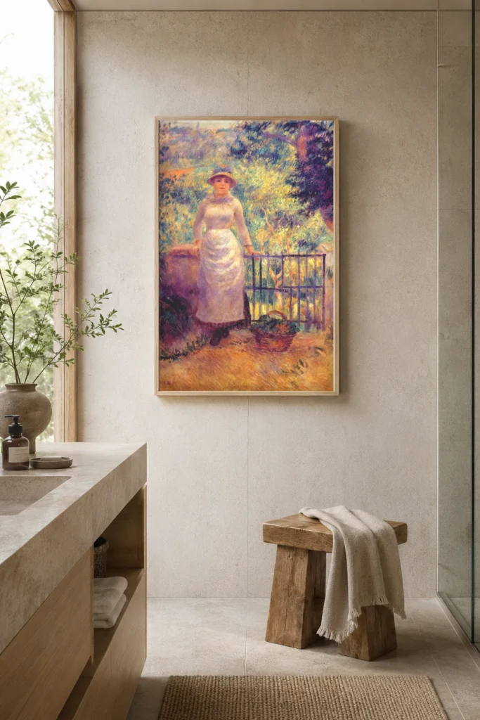 Framed print of Aline at the Gate hanging on a wall in a furnished room