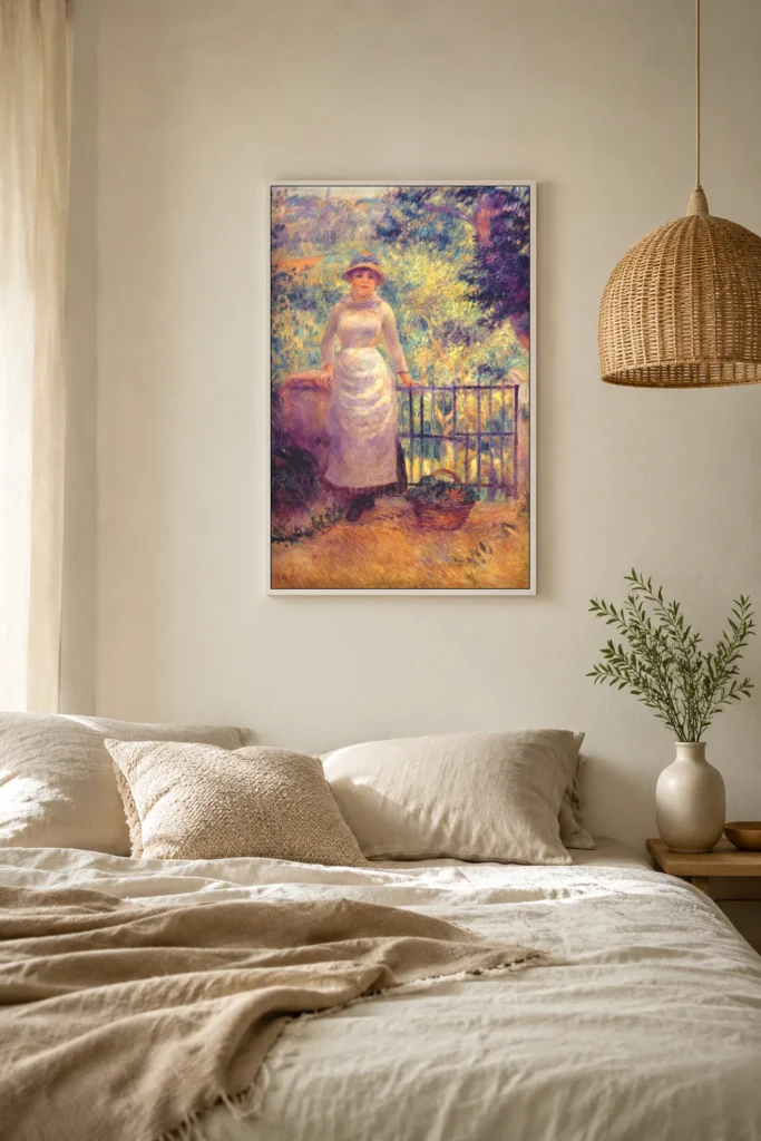Framed print of Aline at the Gate hanging on a wall in a furnished room