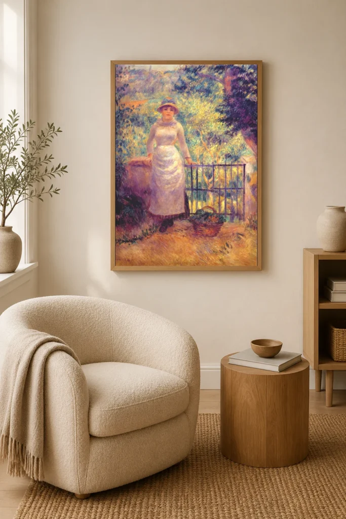 Framed print of Aline at the Gate hanging on a wall in a furnished room