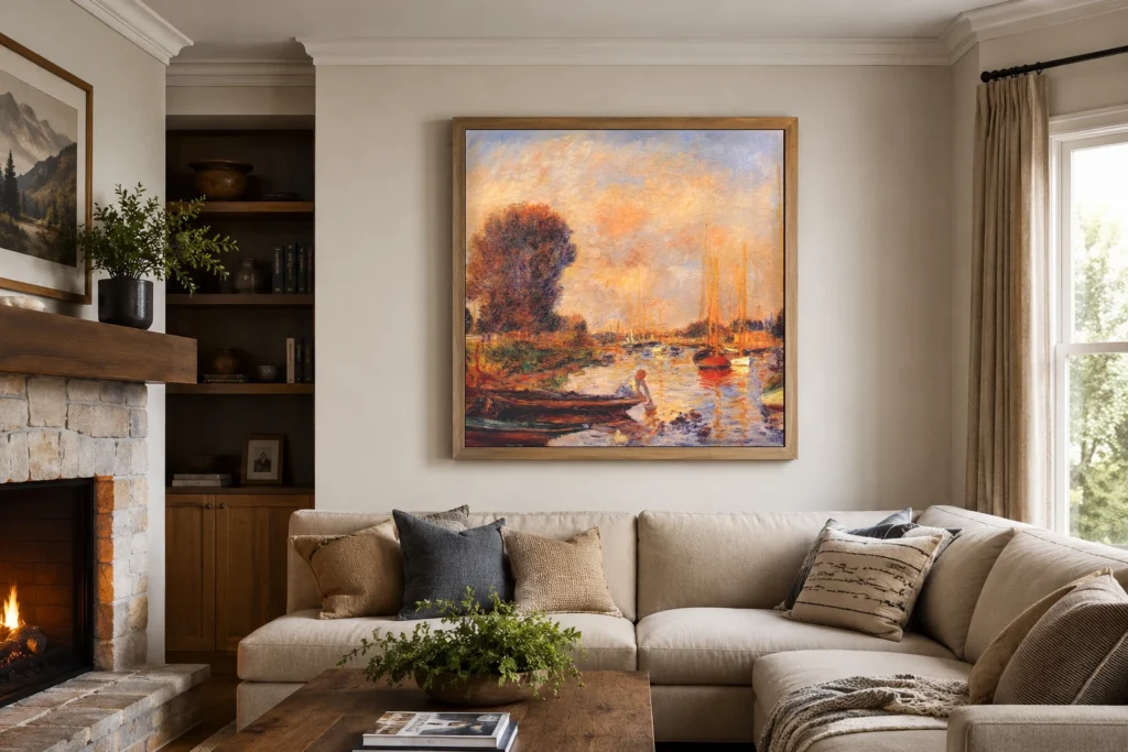 Framed print of The Seine at Argenteuil, Woman Leaning over the Water hanging on a wall in a furnished room