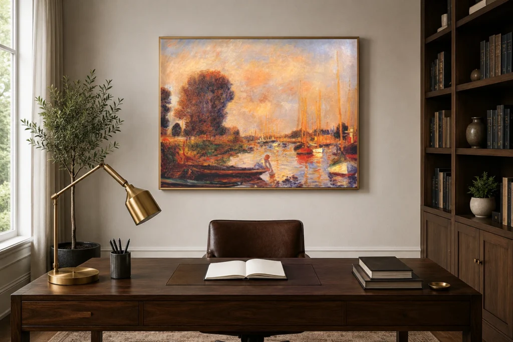 Framed print of The Seine at Argenteuil, Woman Leaning over the Water hanging on a wall in a furnished room