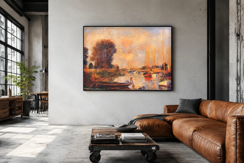 Framed print of The Seine at Argenteuil, Woman Leaning over the Water hanging on a wall in a furnished room