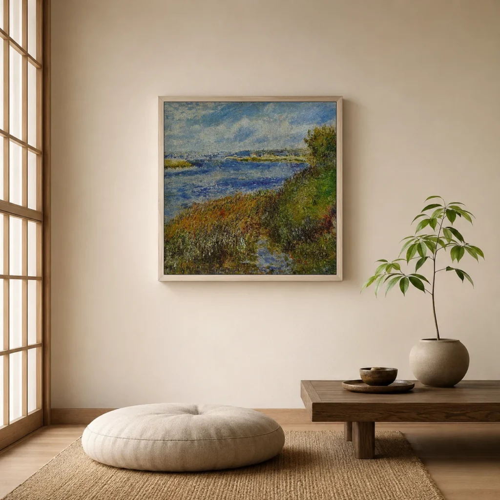 Framed print of La Seine à Champrosay hanging on a wall in a furnished room