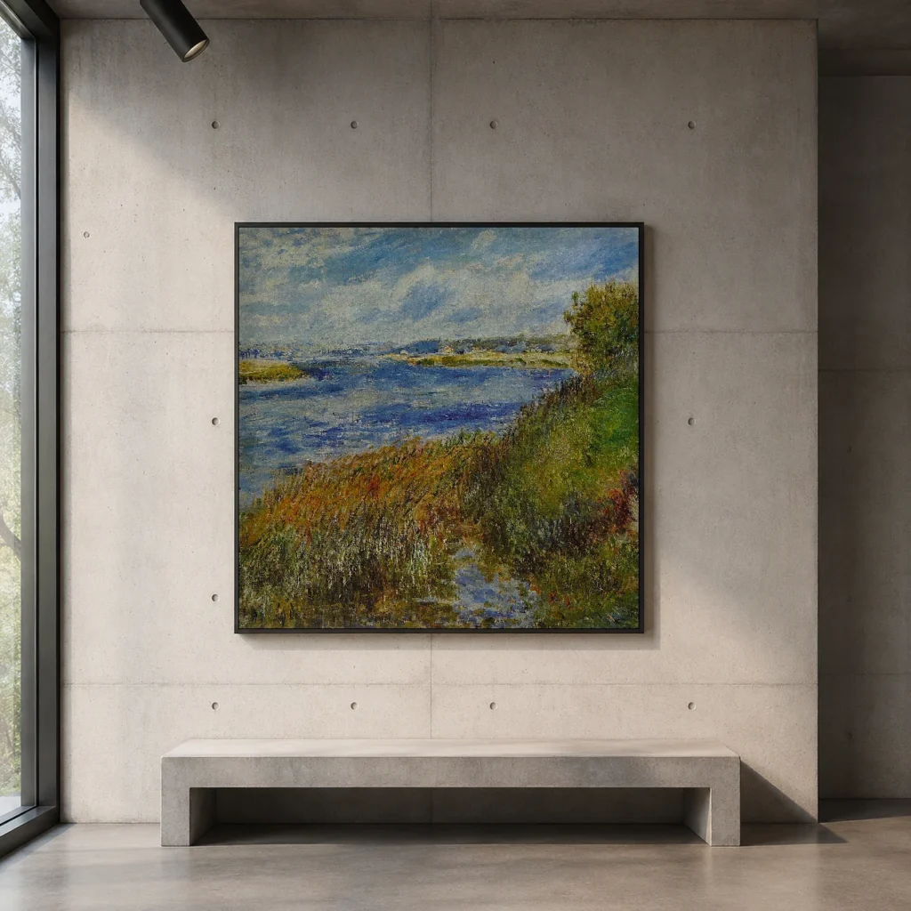 Framed print of La Seine à Champrosay hanging on a wall in a furnished room