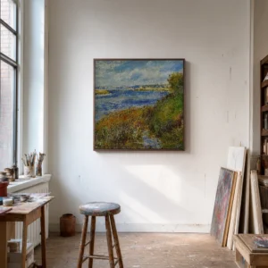 Framed print of La Seine à Champrosay hanging on a wall in a furnished room