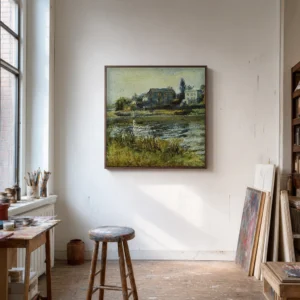 Framed print of The Seine at Chatou hanging on a wall in a furnished room