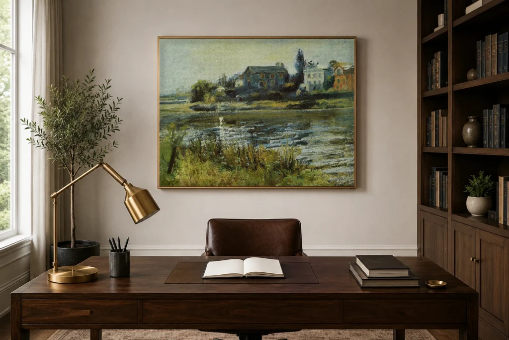 Framed print of The Seine at Chatou hanging on a wall in a furnished room