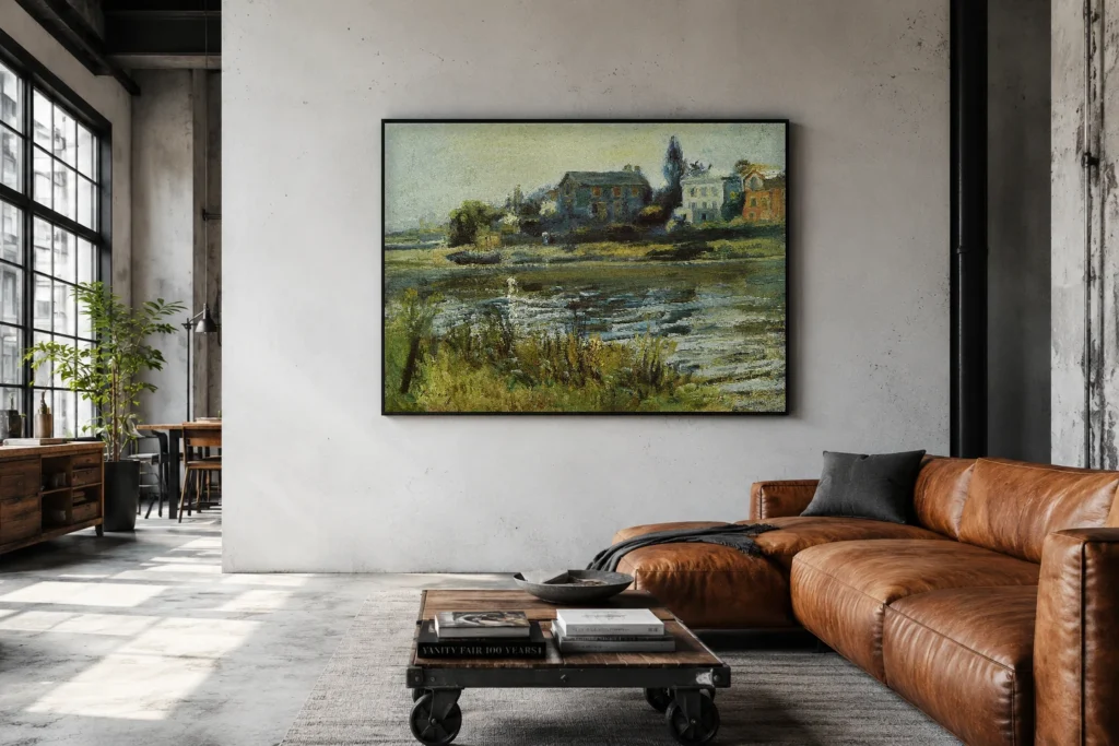 Framed print of The Seine at Chatou hanging on a wall in a furnished room