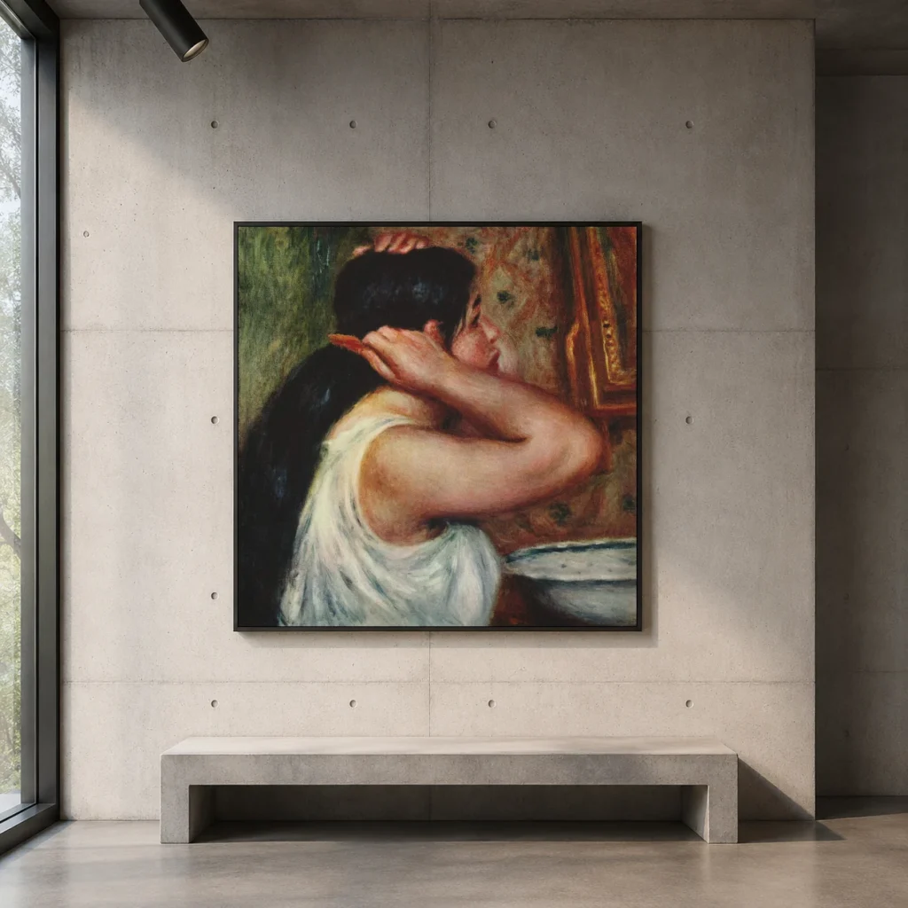 Framed print of La Toilette hanging on a wall in a furnished room