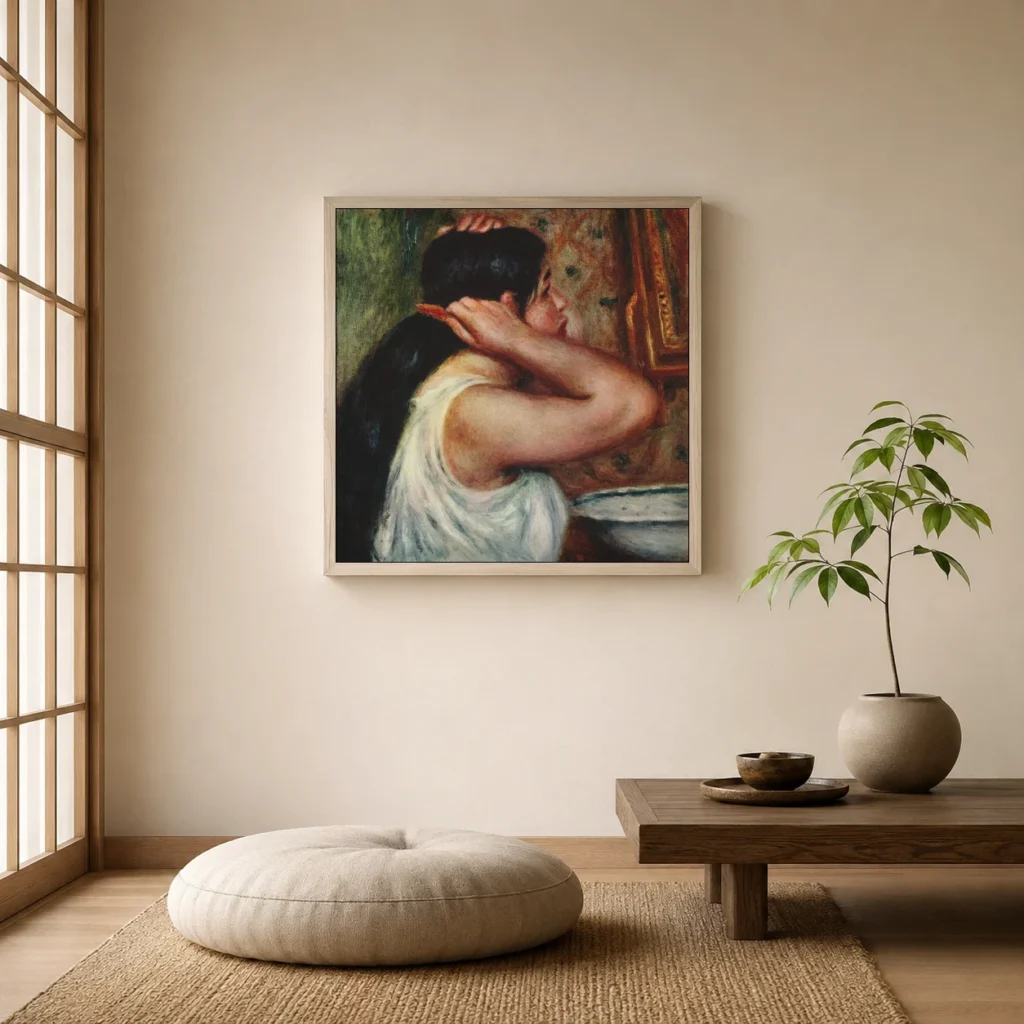 Framed print of La Toilette hanging on a wall in a furnished room