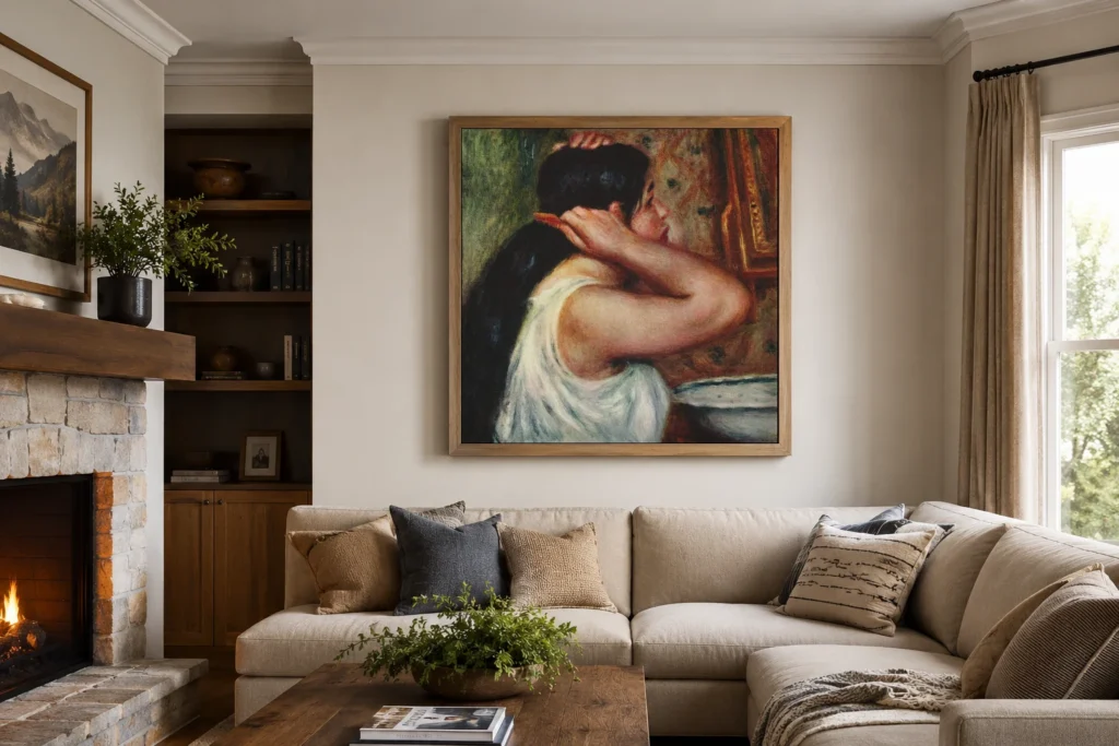 Framed print of La Toilette hanging on a wall in a furnished room