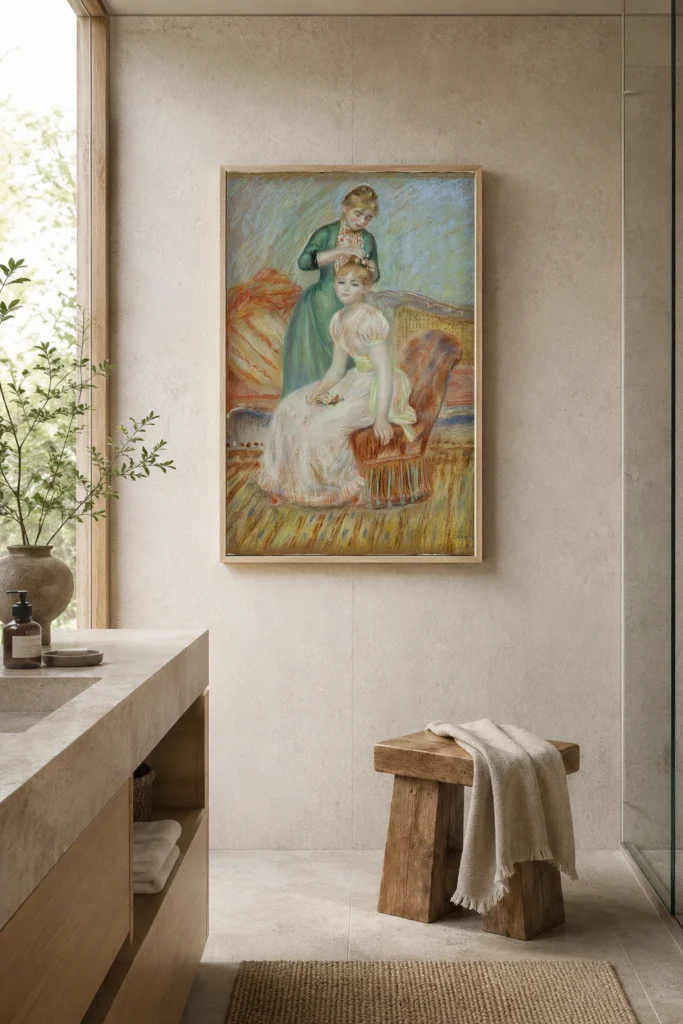 Framed print of La Toilette hanging on a wall in a furnished room