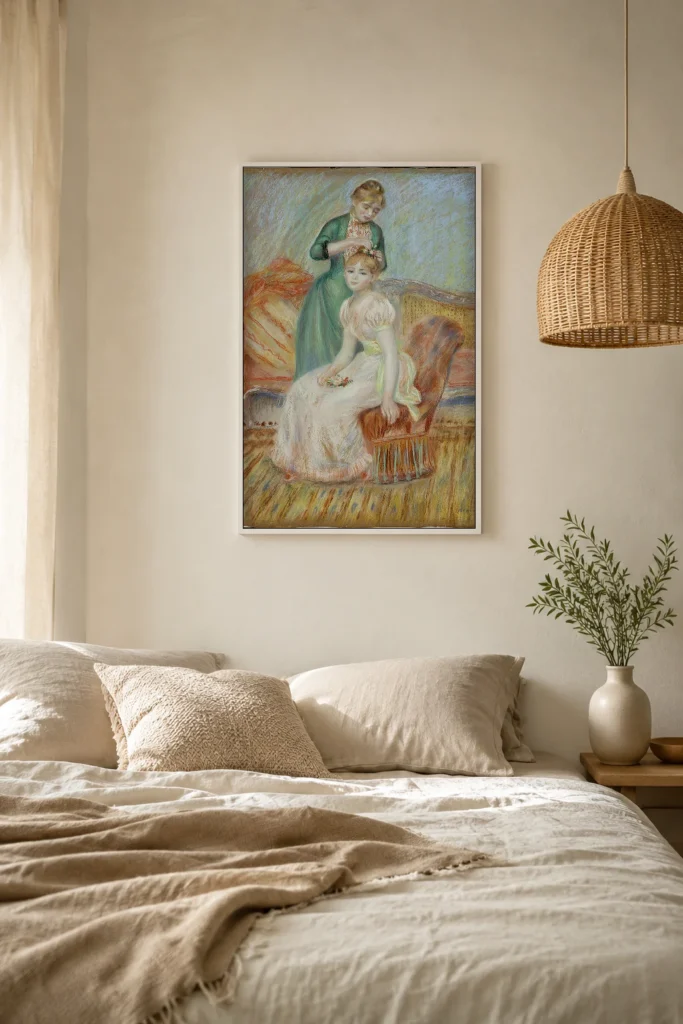 Framed print of La Toilette hanging on a wall in a furnished room
