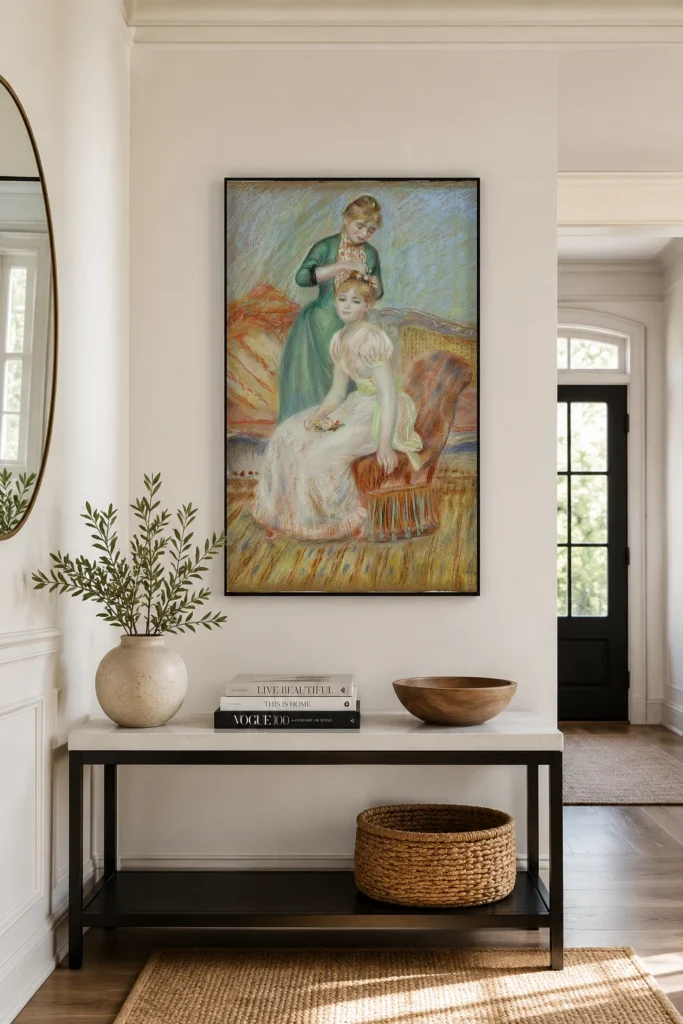 Framed print of La Toilette hanging on a wall in a furnished room