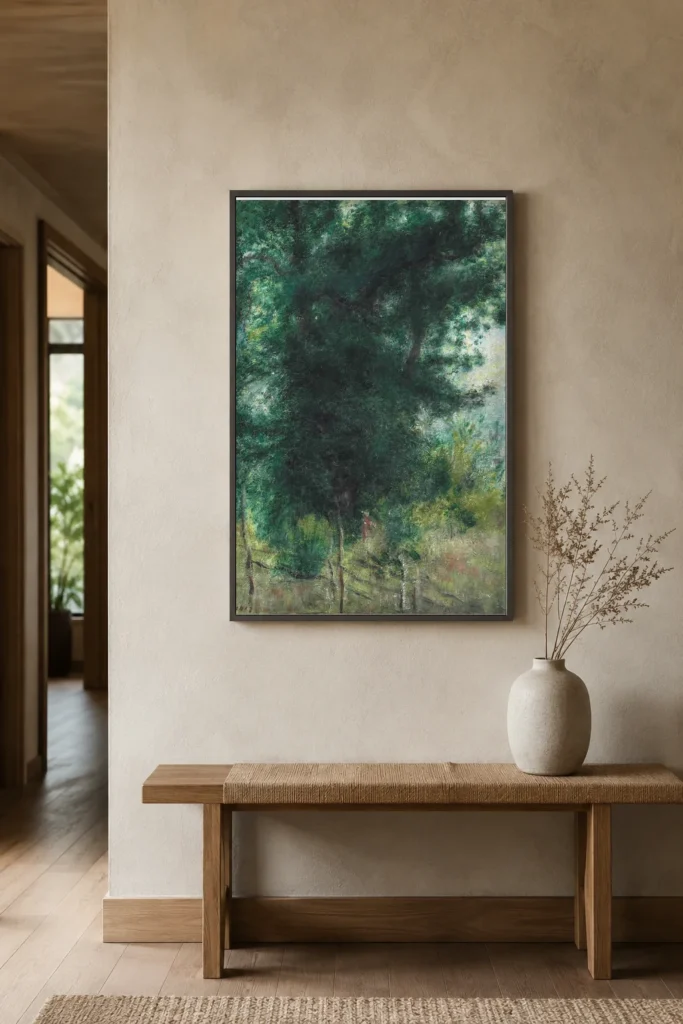 Framed print of The Barrier in the Forest hanging on a wall in a furnished room