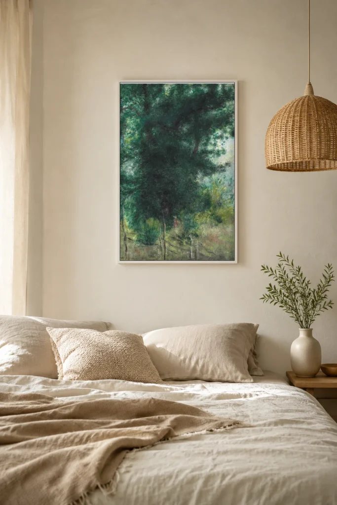 Framed print of The Barrier in the Forest hanging on a wall in a furnished room