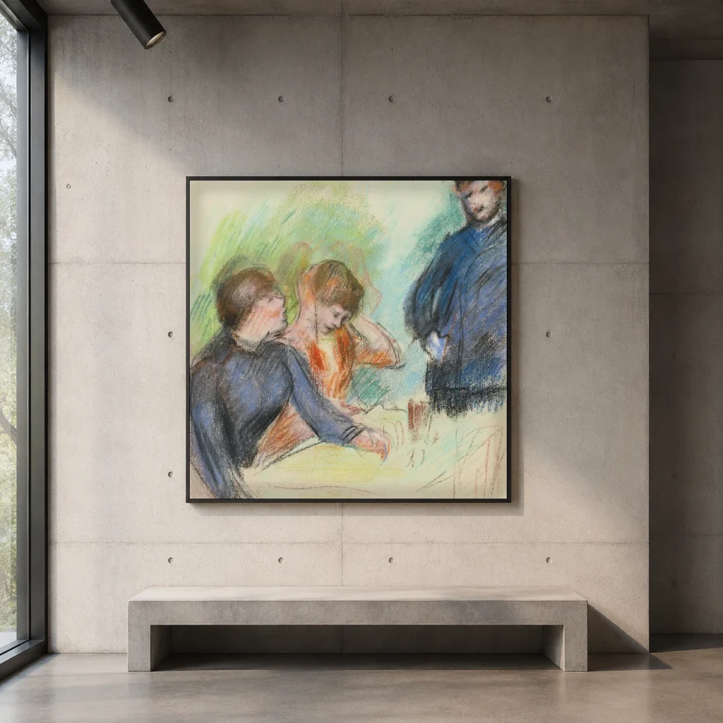Framed print of The Conversation hanging on a wall in a furnished room