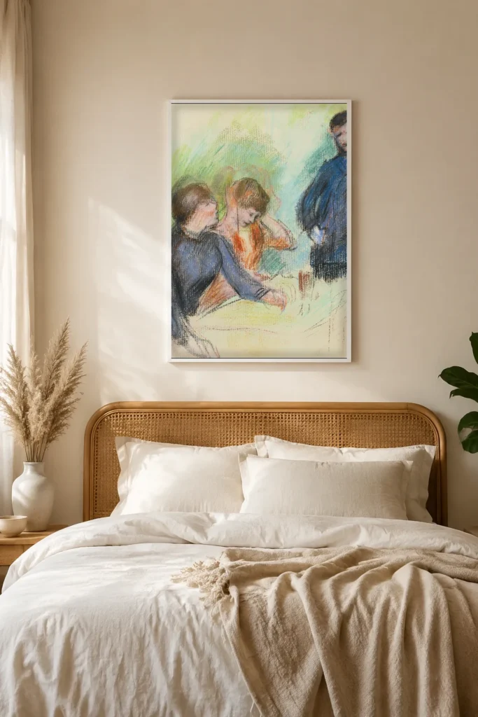 Framed print of The Conversation hanging on a wall in a furnished room