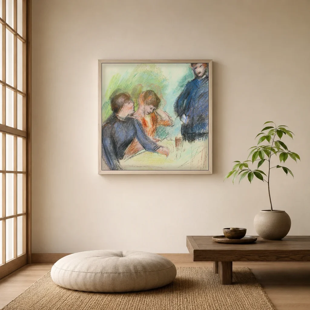 Framed print of The Conversation hanging on a wall in a furnished room