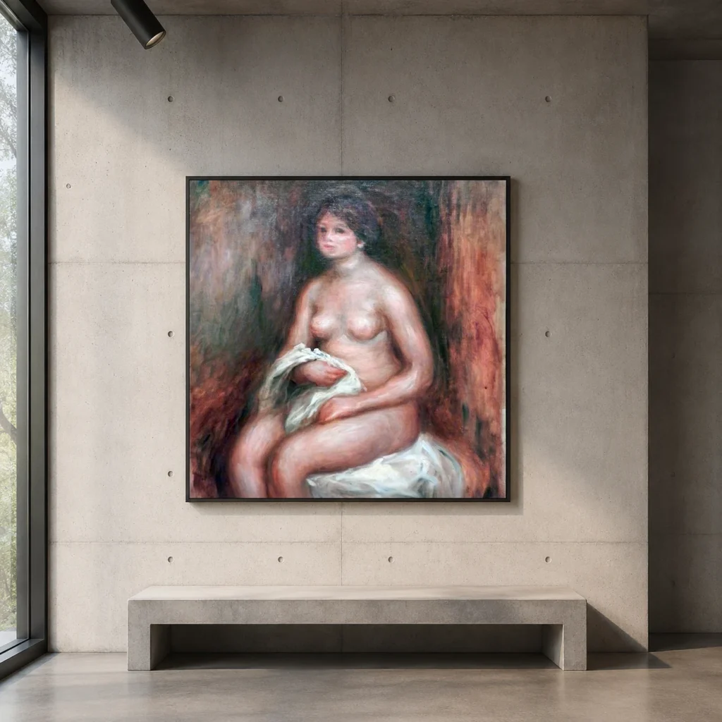 Framed print of The Woman with Drapery hanging on a wall in a furnished room